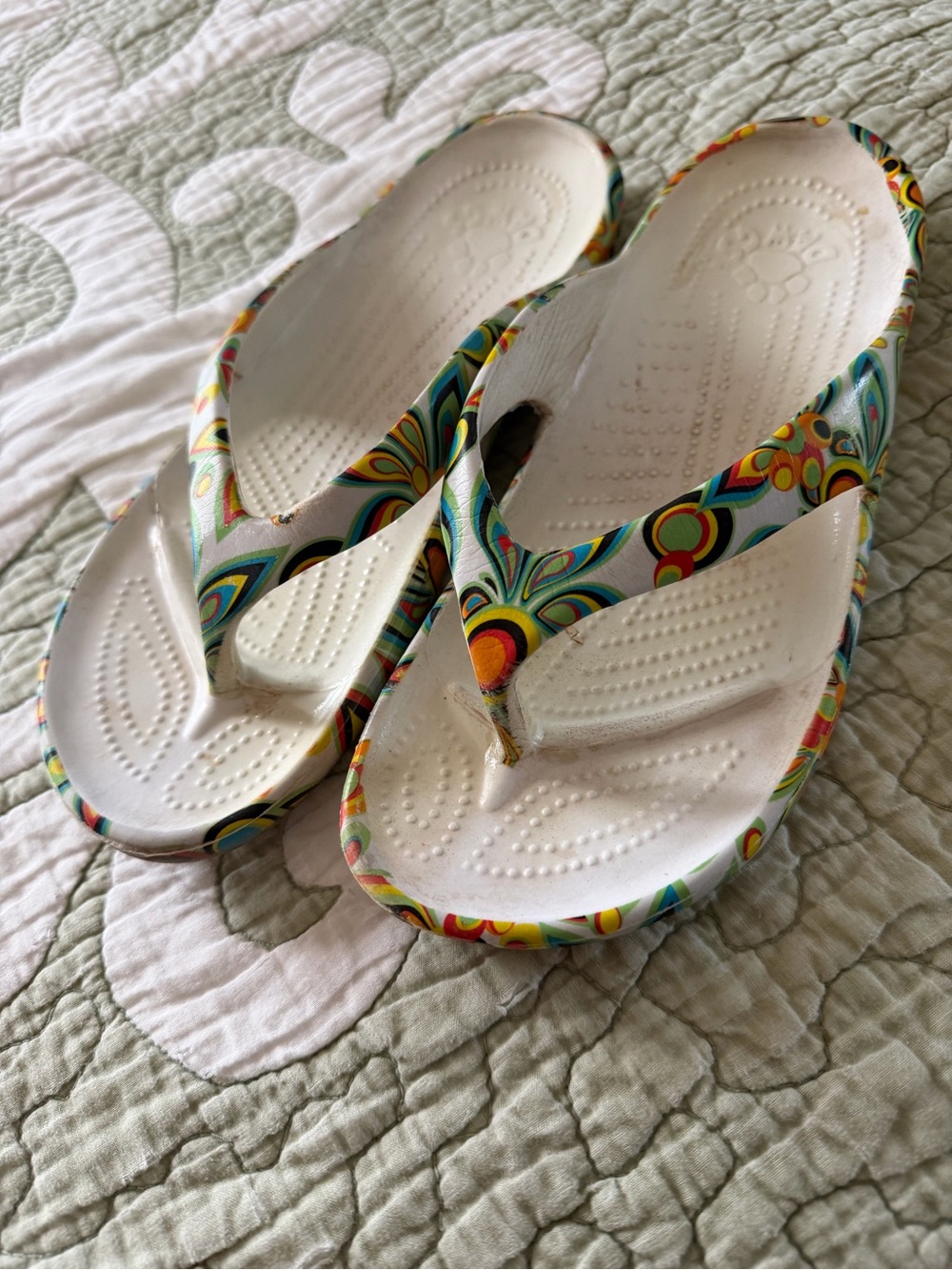 Colorful Patterned White Footbed Flip Flops